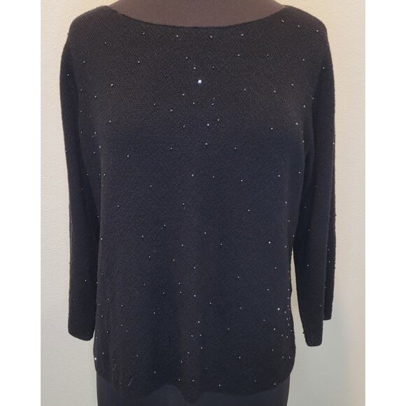 Eileen Fisher Black Beaded & Sequin Merino Wool Sweater –Wide Neck –3/4 Sleeve L - Picture 1 of 8